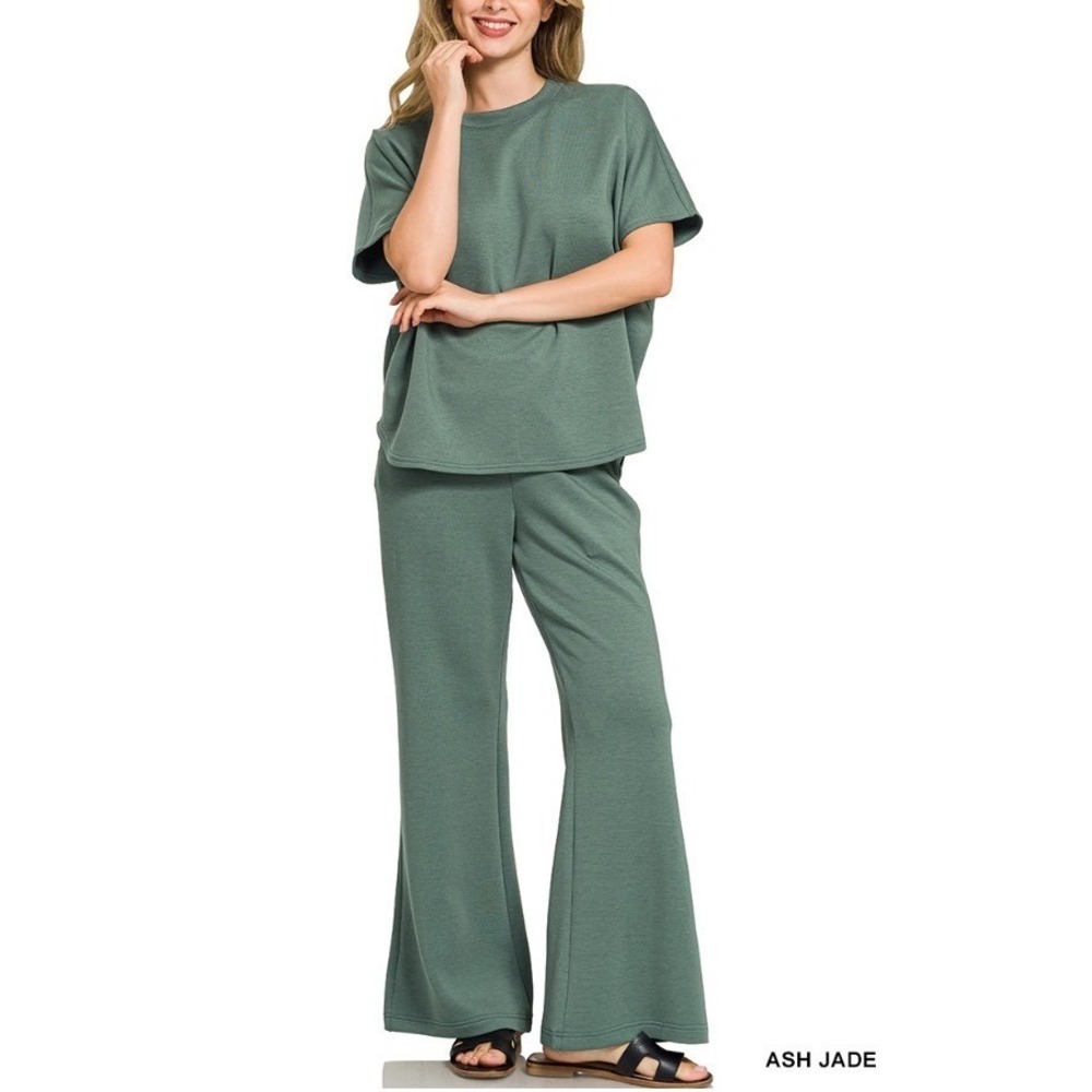 New Zenana Medium Ash Jade Scuba Round Hem Top Pants Loungewear Set ROTP-4133Y